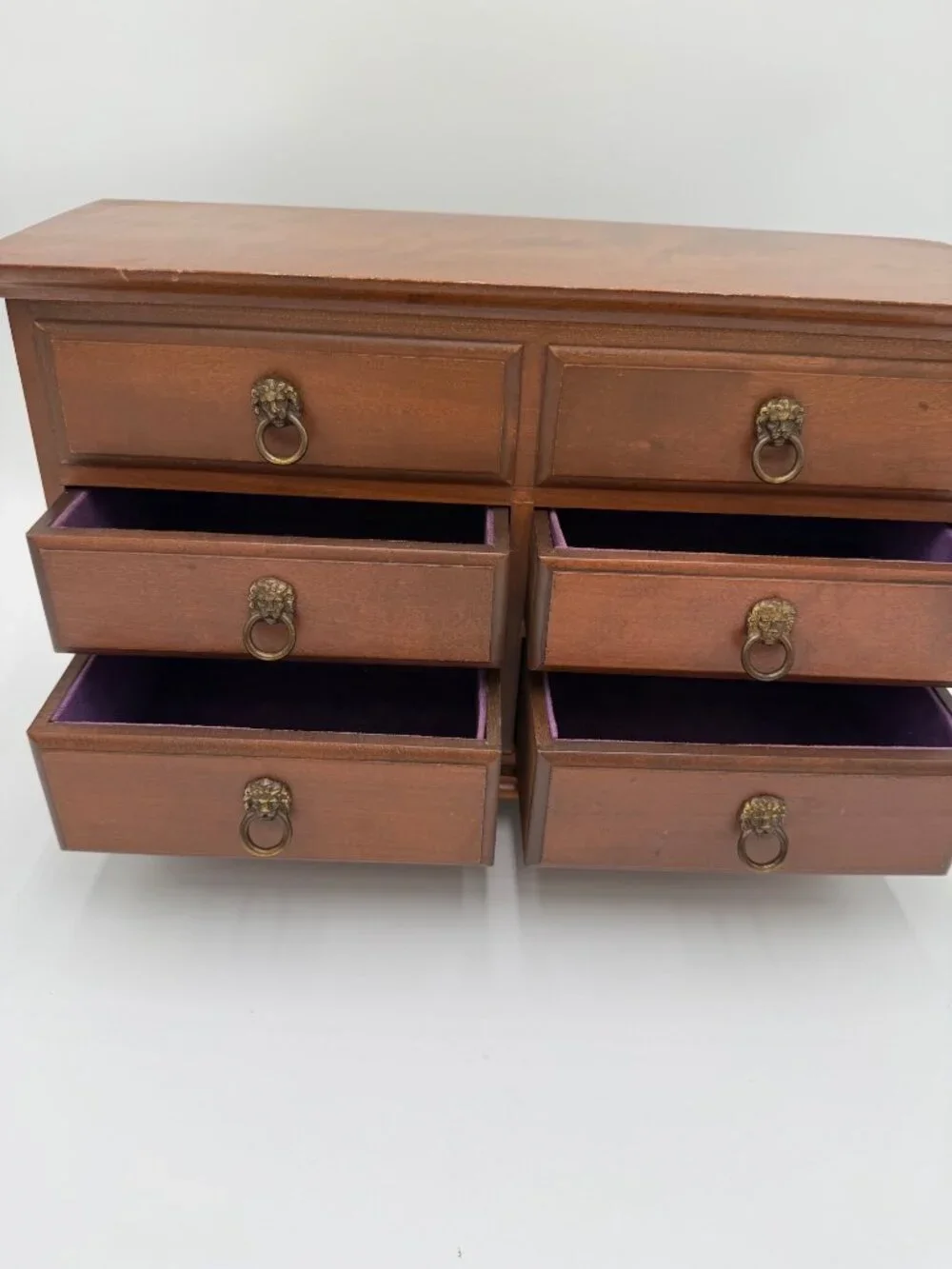 Vintage Wooden Jewelry Box Chest 6 Drawers Lionhead Wood Velvet Line Storage